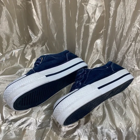 * RARE VINTAGE FIND * 8.5 CHUNKY PLATFORM Y2K 90s denim strappy Velcro schoolboy - Picture 3 of 4